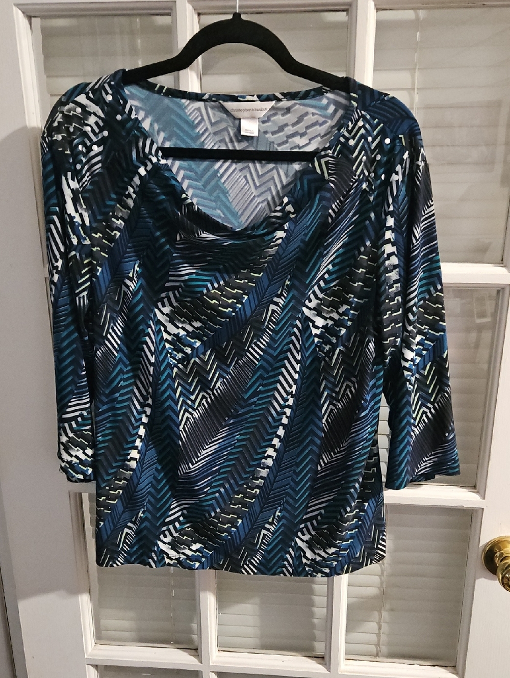 Christopher & Banks Blue and Black Patterned Cowl Neck Long Sleeve Top. Sz L